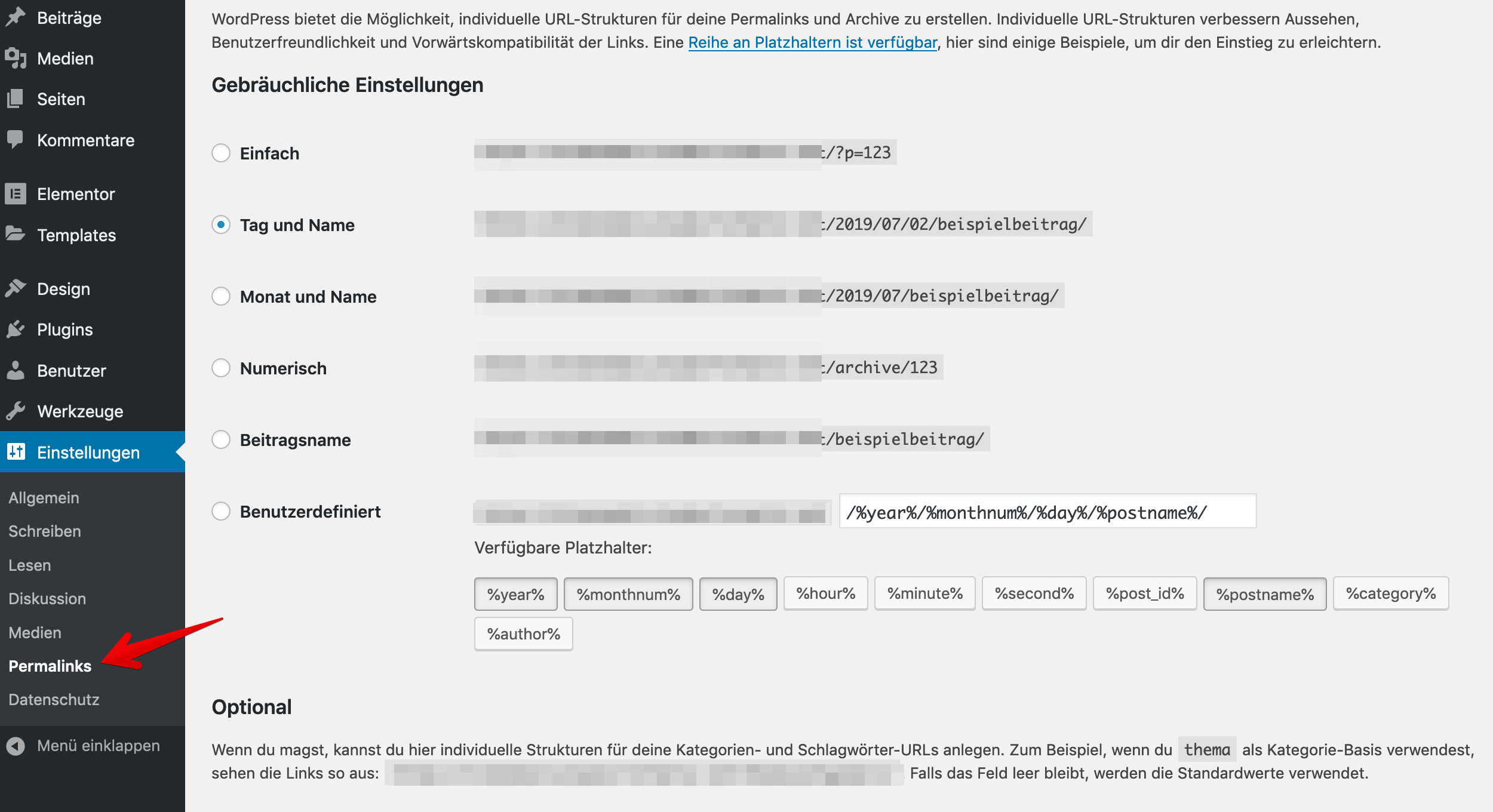 Wordpress Permalink einstellen