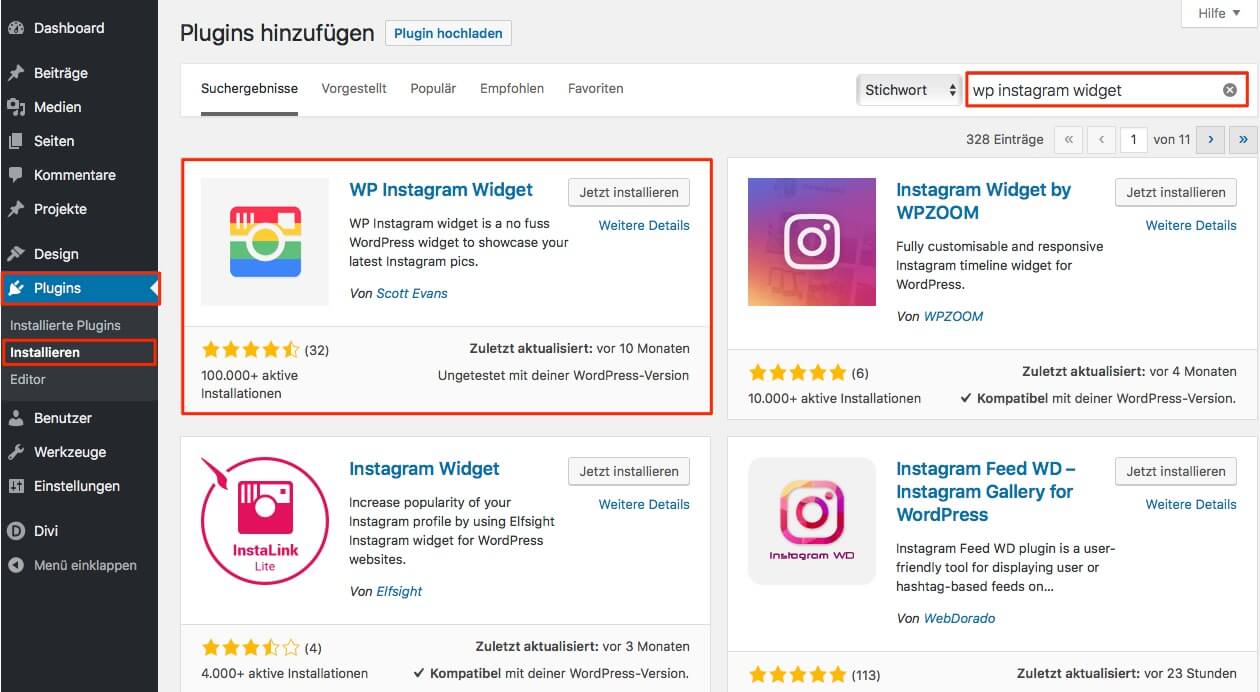 Instagram Plugin für Wordpress hinzufügen